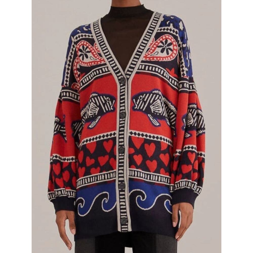 Farm Rio Art to Wear Fair Isle Knit Cardigan Sweater Hearts Fish Waves Small - Picture 11 of 14